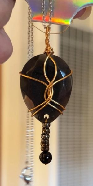 Custom made wire-wrapped Black Acrylic teardrop pendant